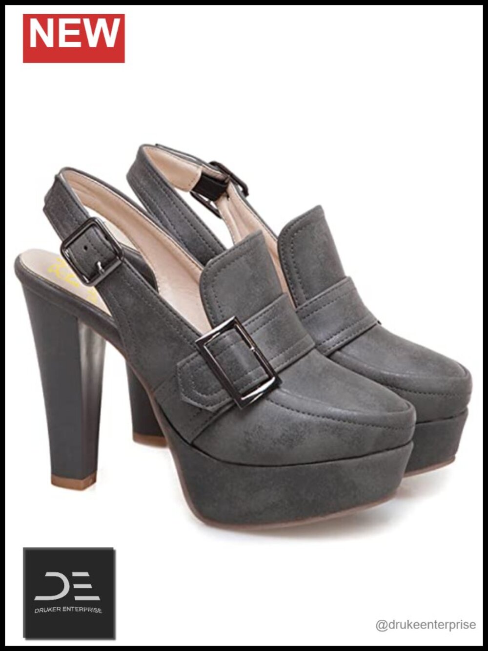 Vintage Chunky Platform Slingback Heels 4" Block Heel Round Toe Buckle Dress